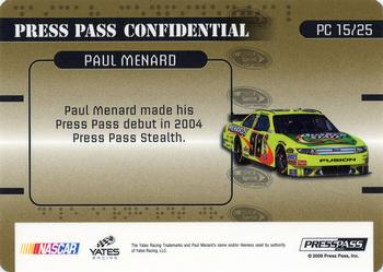 2009 Press Pass Stealth - Press Pass Confidential Top Secret! #PC 15 Paul Menard Back