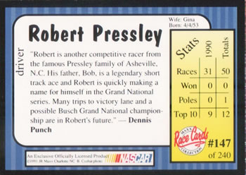 1991 Maxx #147 Robert Pressley Back