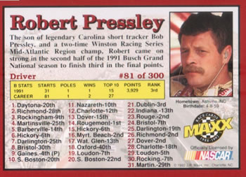 1992 Maxx (Red) #81 Robert Pressley Back