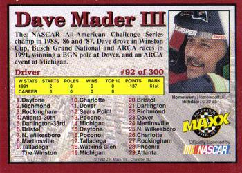 1992 Maxx (Red) #92 Dave Mader Back