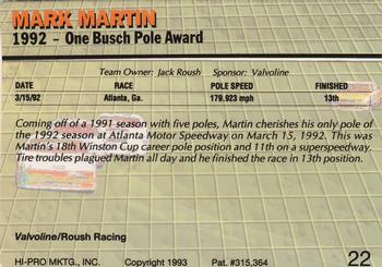 1993 Action Packed #22 Mark Martin Back