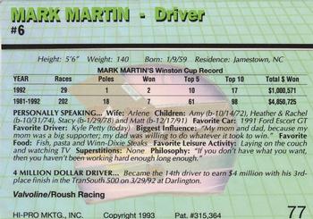 1993 Action Packed #77 Mark Martin Back