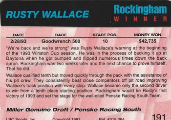 1993 Action Packed #191 Rusty Wallace Back