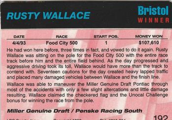 1993 Action Packed #192 Rusty Wallace Back