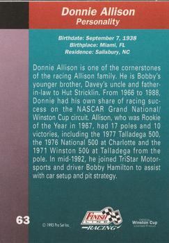 1993 Finish Line #63 Donnie Allison Back