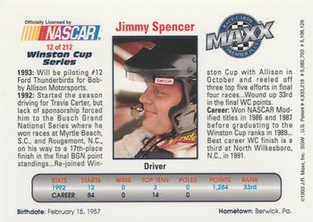 1993 Maxx Premier Plus #12 Jimmy Spencer Back