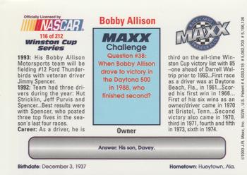 1993 Maxx Premier Plus #116 Bobby Allison Back