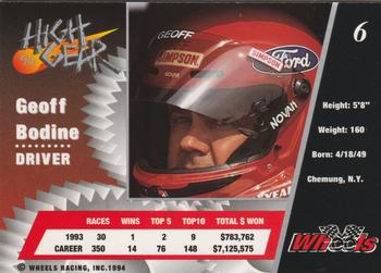 1994 Wheels High Gear #6 Geoff Bodine Back