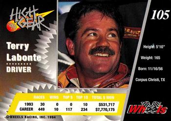 1994 Wheels High Gear #105 Terry Labonte Back