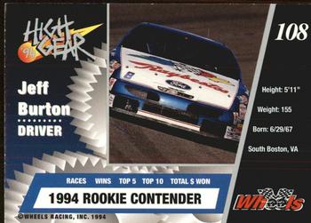 1994 Wheels High Gear #108 Jeff Burton Back