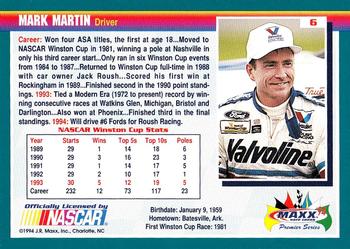 1994 Maxx Premier Series #6 Mark Martin Back