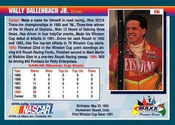1994 Maxx Premier Series #16 Wally Dallenbach Jr. Back