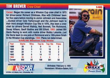 1994 Maxx Premier Series #146 Tim Brewer Back