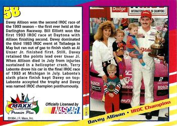 1994 Maxx Premier Plus #58 Davey Allison IROC Champ Back