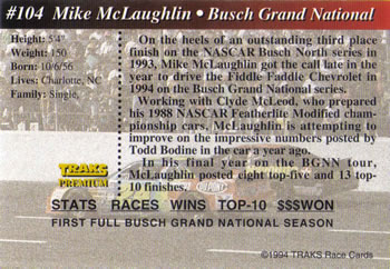 1994 Traks #104 Mike McLaughlin Back