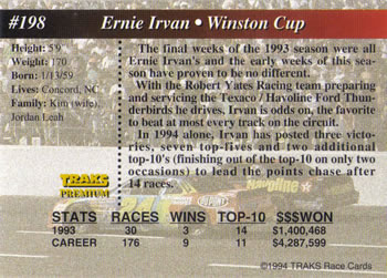 1994 Traks #198 Ernie Irvan Back