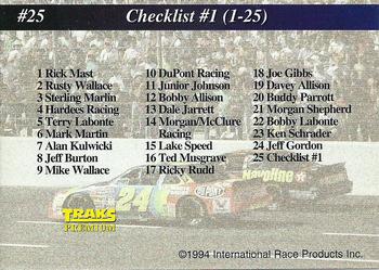 1994 Traks #25 Checklist #1: 1-25 Back