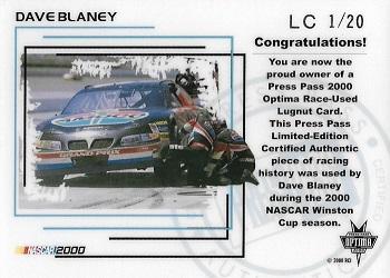 2000 Press Pass Optima - Race Used Lugnuts Cars #LC 1 Dave Blaney's Car Back