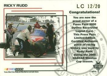 2000 Press Pass Optima - Race Used Lugnuts Cars #LC 12 Ricky Rudd's Car Back