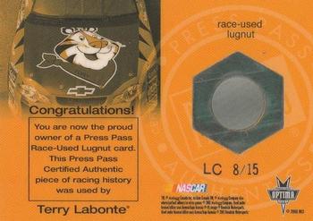 2001 Press Pass Optima - Race Used Lugnuts Cars #LC 8 Terry Labonte's Car Back