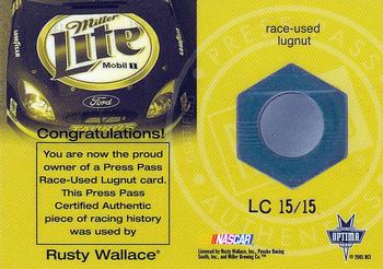 2001 Press Pass Optima - Race Used Lugnuts Cars #LC 15 Rusty Wallace's Car Back