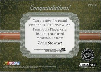 2010 Press Pass Five Star - Paramount Pieces Aluminum #PP-TS Tony Stewart Back
