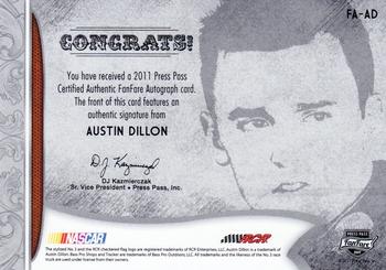 2011 Press Pass Fanfare - FanFare Autographs Bronze #FA-AD Austin Dillon Back