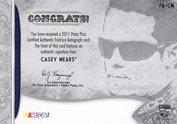 2011 Press Pass Fanfare - FanFare Autographs Bronze #FA-CM Casey Mears Back