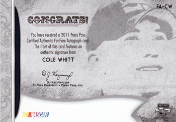 2011 Press Pass Fanfare - FanFare Autographs Bronze #FA-CW Cole Whitt Back