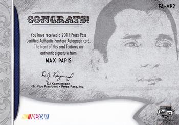 2011 Press Pass Fanfare - FanFare Autographs Silver #FA-MP2 Max Papis Back