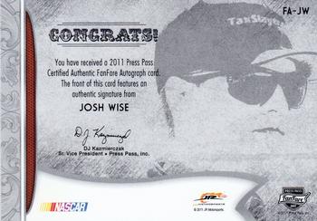 2011 Press Pass Fanfare - FanFare Autographs Silver #FA-JW Josh Wise Back