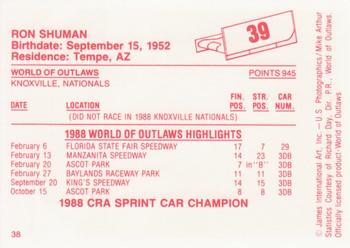 1988 World of Outlaws #39 Ron Shuman Back