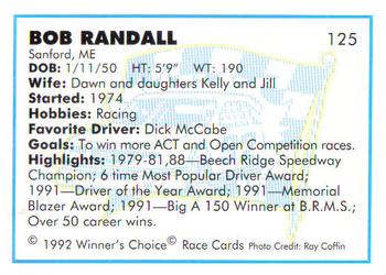 1992 Winner's Choice Busch #125 Bob Randall Back