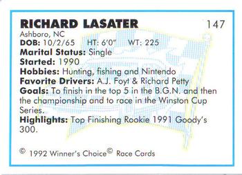 1992 Winner's Choice Busch #147 Richard Lasater Back