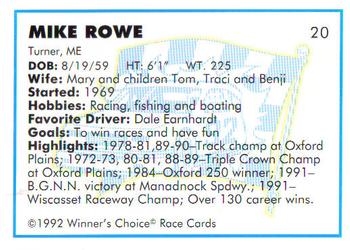 1992 Winner's Choice Busch #20 Mike Rowe Back