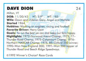 1992 Winner's Choice Busch #24 Dave Dion Back