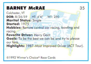 1992 Winner's Choice Busch #35 Barney McRae Back
