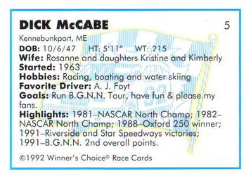 1992 Winner's Choice Busch #5 Dick McCabe Back