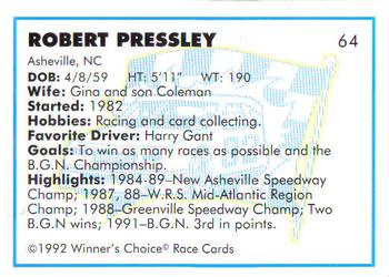 1992 Winner's Choice Busch #64 Robert Pressley Back