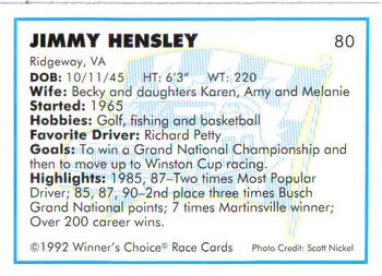 1992 Winner's Choice Busch #80 Jimmy Hensley Back