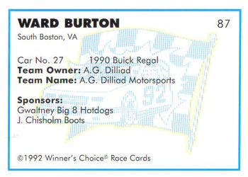1992 Winner's Choice Busch #87 Ward Burton's Car Back