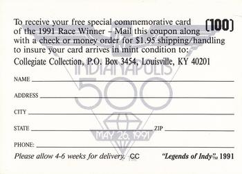 1991 Collegiate Collection Legends of Indy #100 Indianapolis Motor Speedway logo / 1991 Winner Commemorative Offer Back