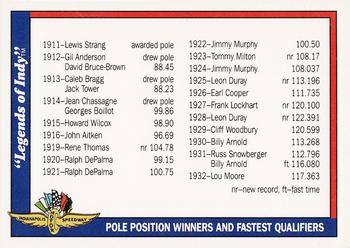 1991 Collegiate Collection Legends of Indy #92 Pole Position Winners and Fastest Qualifiers 1911-1952 Front