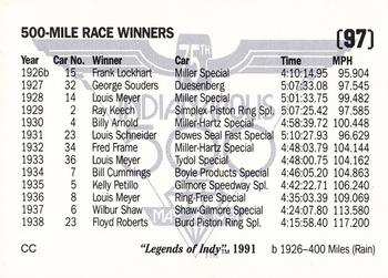 1991 Collegiate Collection Legends of Indy #97 500-Mile Race Winners 1911-1938 Back