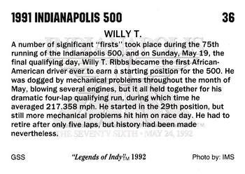 1992 Collegiate Collection Legends of Indy #36 Willy T. Ribbs Back
