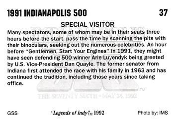 1992 Collegiate Collection Legends of Indy #37 Special Visitor Back