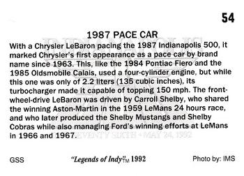 1992 Collegiate Collection Legends of Indy #54 1987 Pace Car Back