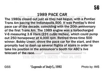 1992 Collegiate Collection Legends of Indy #56 1989 Pace Car Back