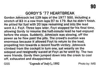 1992 Collegiate Collection Legends of Indy #90 Gordy's '77 Heartbreak Back