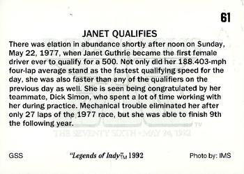 1992 Collegiate Collection Legends of Indy #61 Janet Qualifies Back